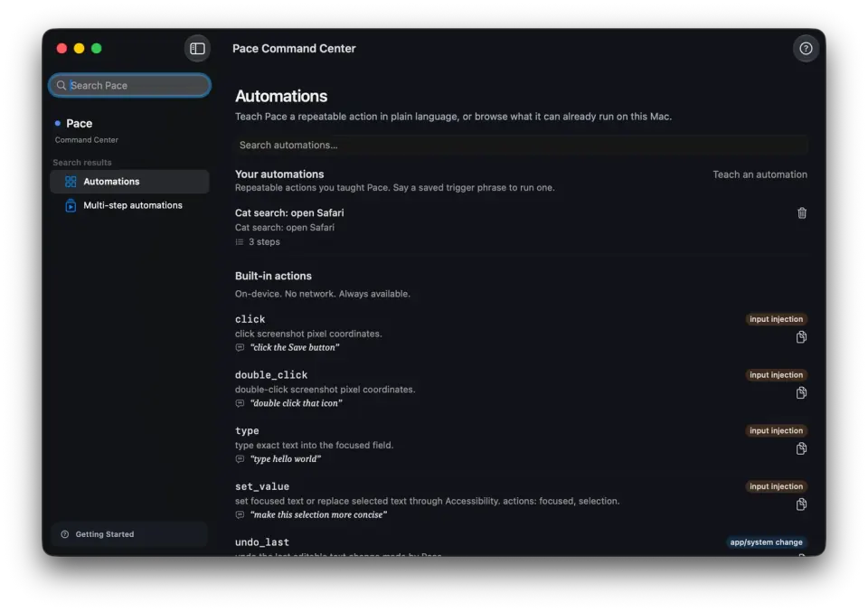 Pace Command Center showing a taught automation and the built-in local action list